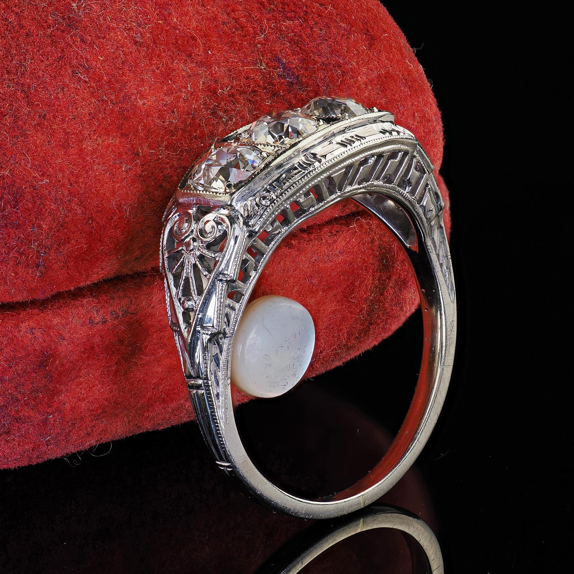 Old European Cut Antique Art Deco 18K White Gold Filigree Old European Diamond Three Stone Ring