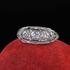 Antique Art Deco 18K White Gold Filigree Old European Diamond Three Stone Ring