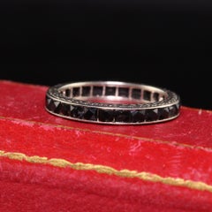 Antique Art Deco 18K White Gold French Cut Onyx Engraved Eternity Band