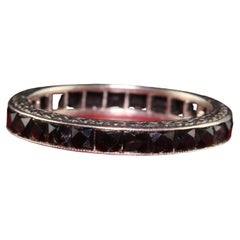 Antique Art Deco 18K White Gold French Cut Onyx Engraved Eternity Band