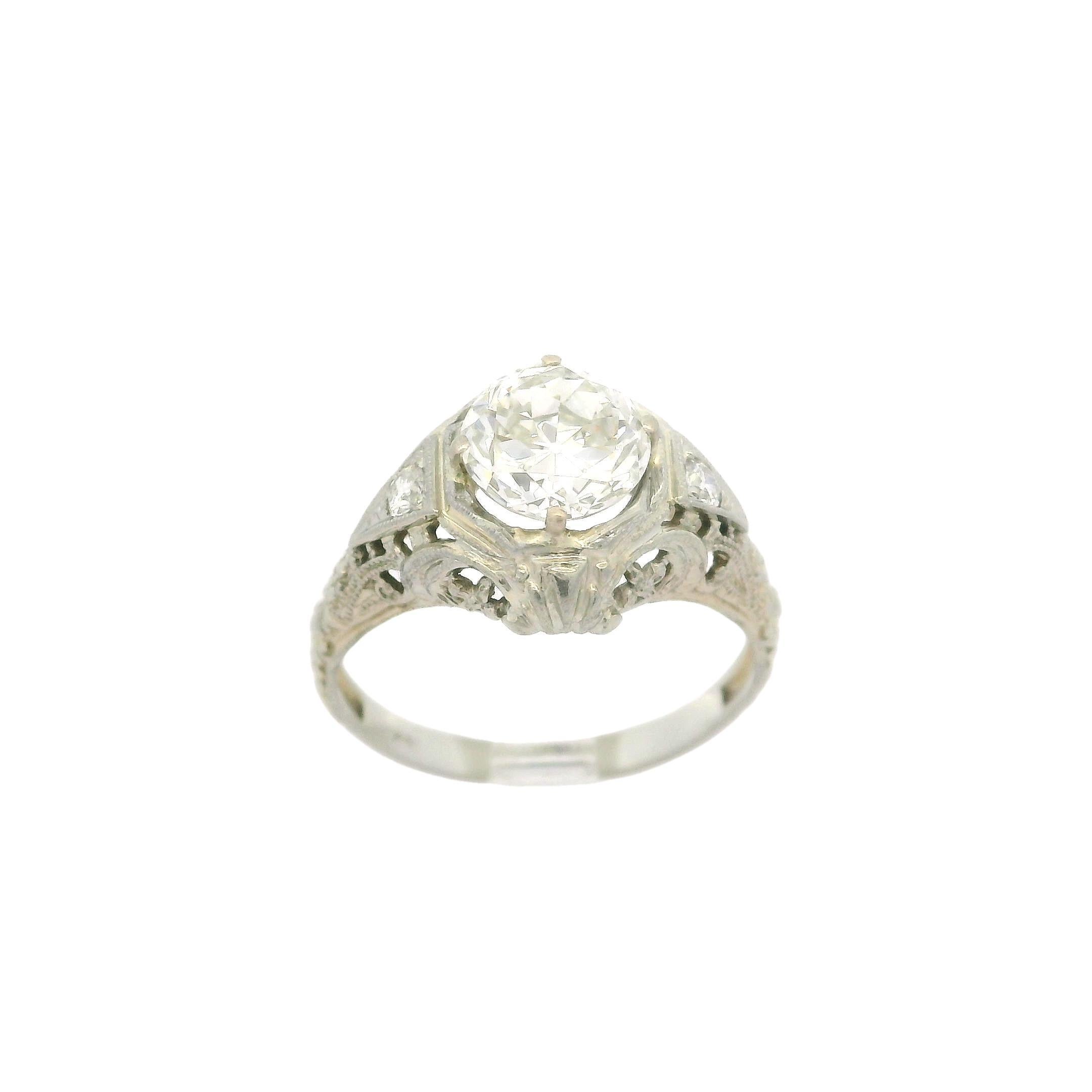 Antiker Art-Déco-Blumenring aus 18 Karat Weißgold mit Diamanten im alteuropäischen Schliff, GIA 1,62 Karat im Angebot 8