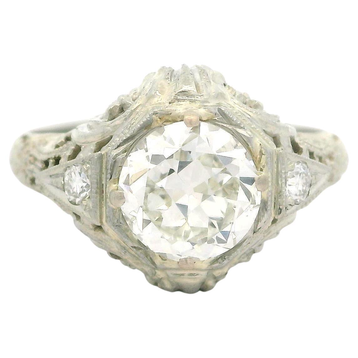 Antique Art Deco 18k White Gold GIA 1.62ctw Old European Cut Diamond Floral Ring