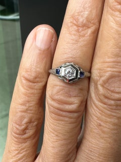 Antique Art Deco 18K White Gold Hexagonal Diamond & Sapphire Engagement Ring