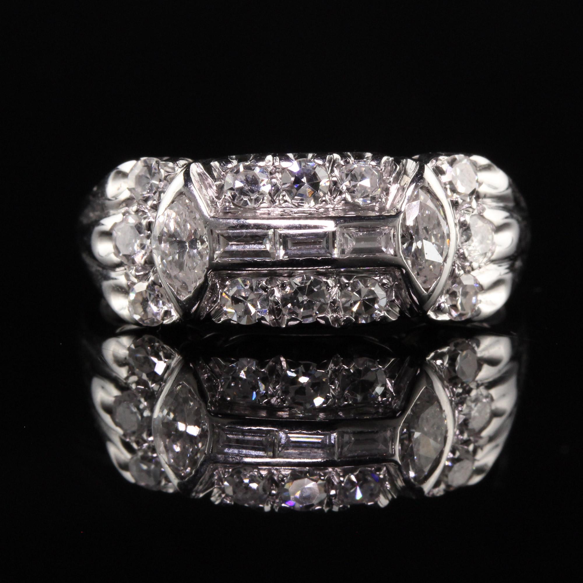 Antique Art Deco 18K White Gold Marquise and Baguette Diamond Wedding Band In Good Condition For Sale In Great Neck, NY