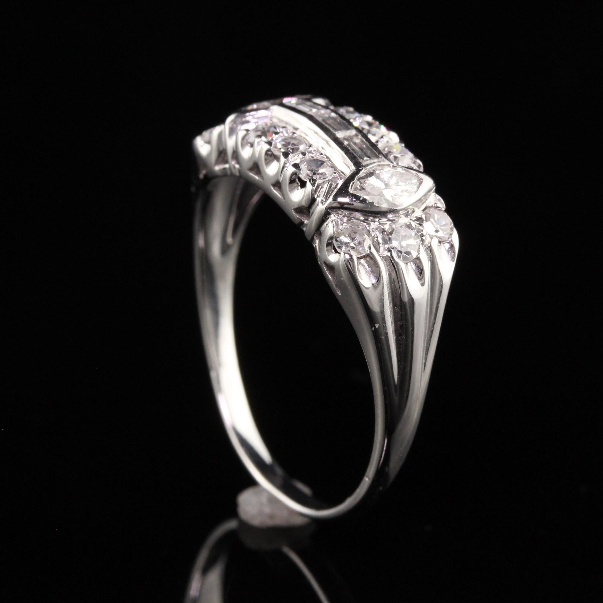 Antique Art Deco 18K White Gold Marquise and Baguette Diamond Wedding Band For Sale 1