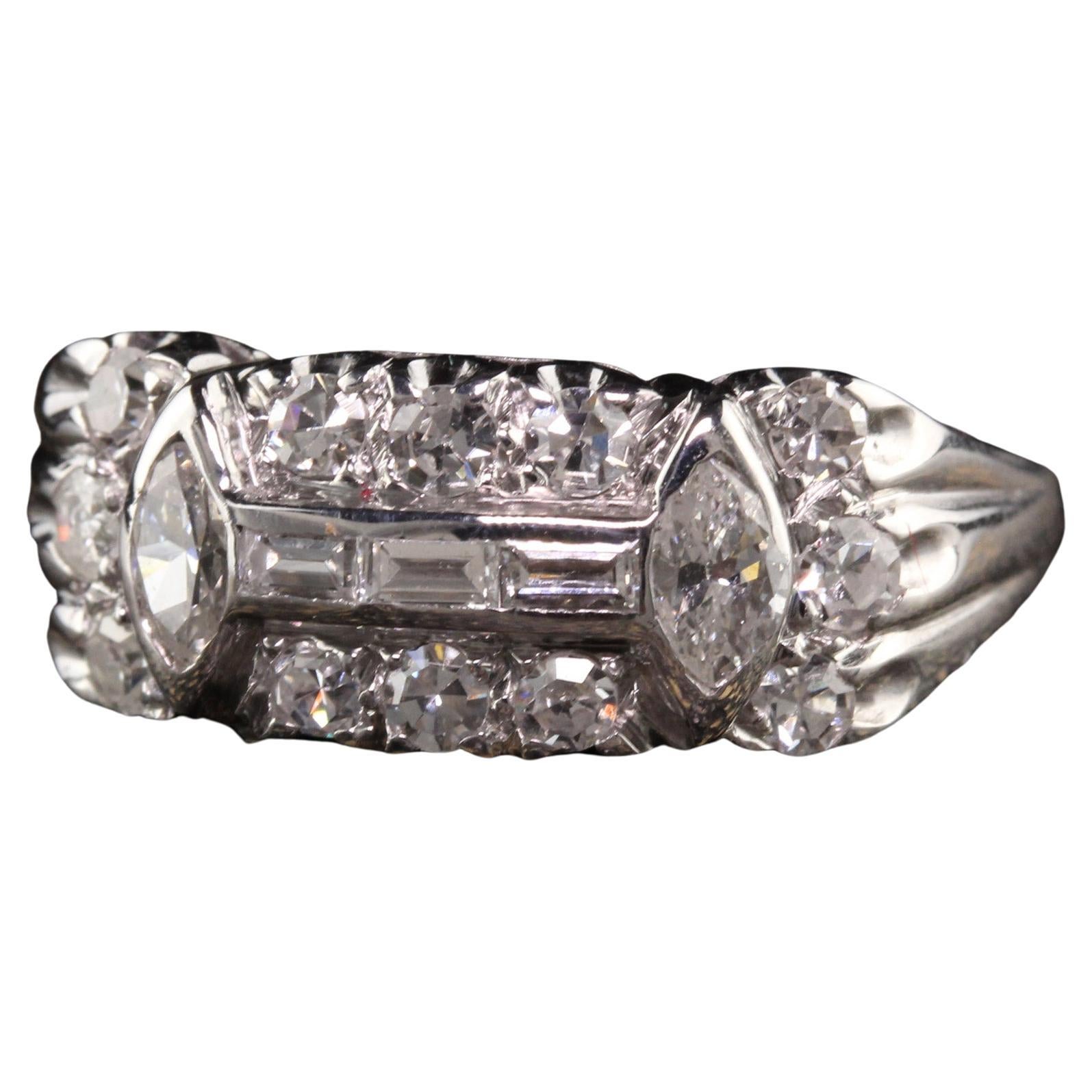 Antique Art Deco 18K White Gold Marquise and Baguette Diamond Wedding Band For Sale