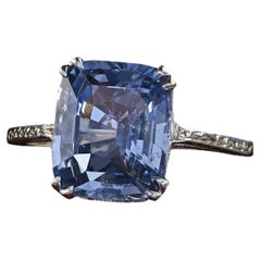 Antique Art Deco 18K White Gold Natural Sapphire Engraved Engagement Ring - GIA