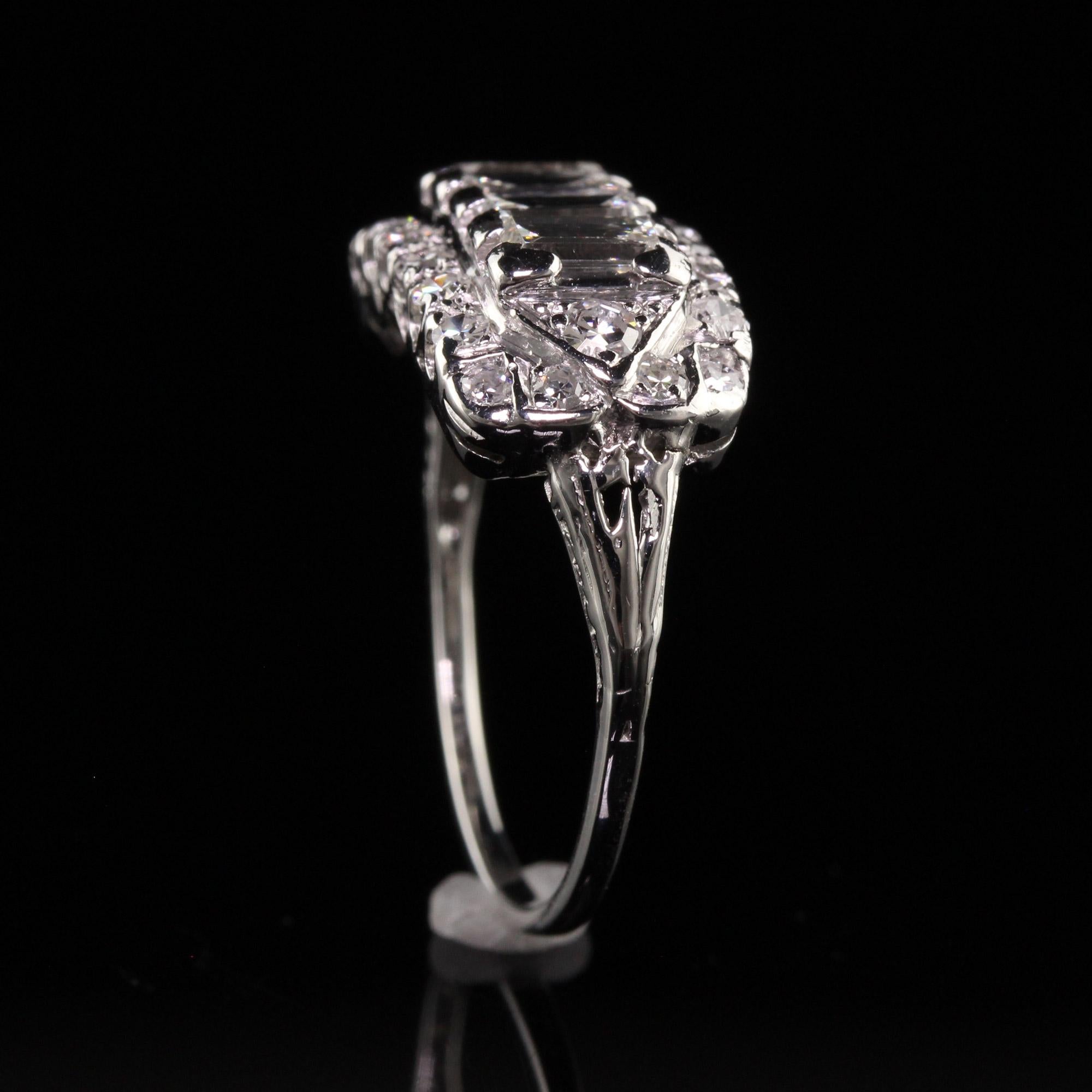 Antique Art Deco 18K White Gold Old Cut Diamond Baguette Ring In Good Condition For Sale In Great Neck, NY