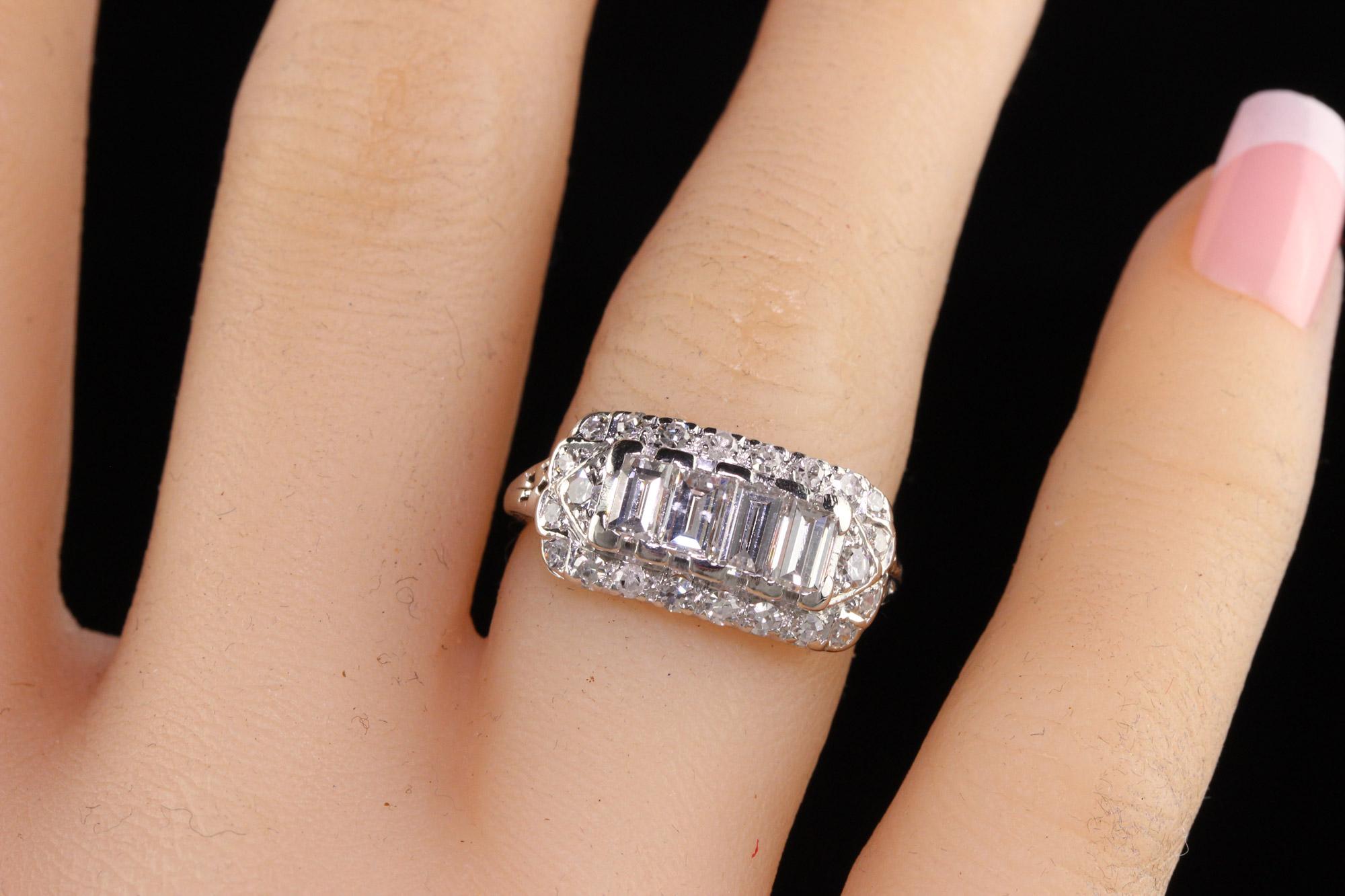Women's Antique Art Deco 18K White Gold Old Cut Diamond Baguette Ring For Sale