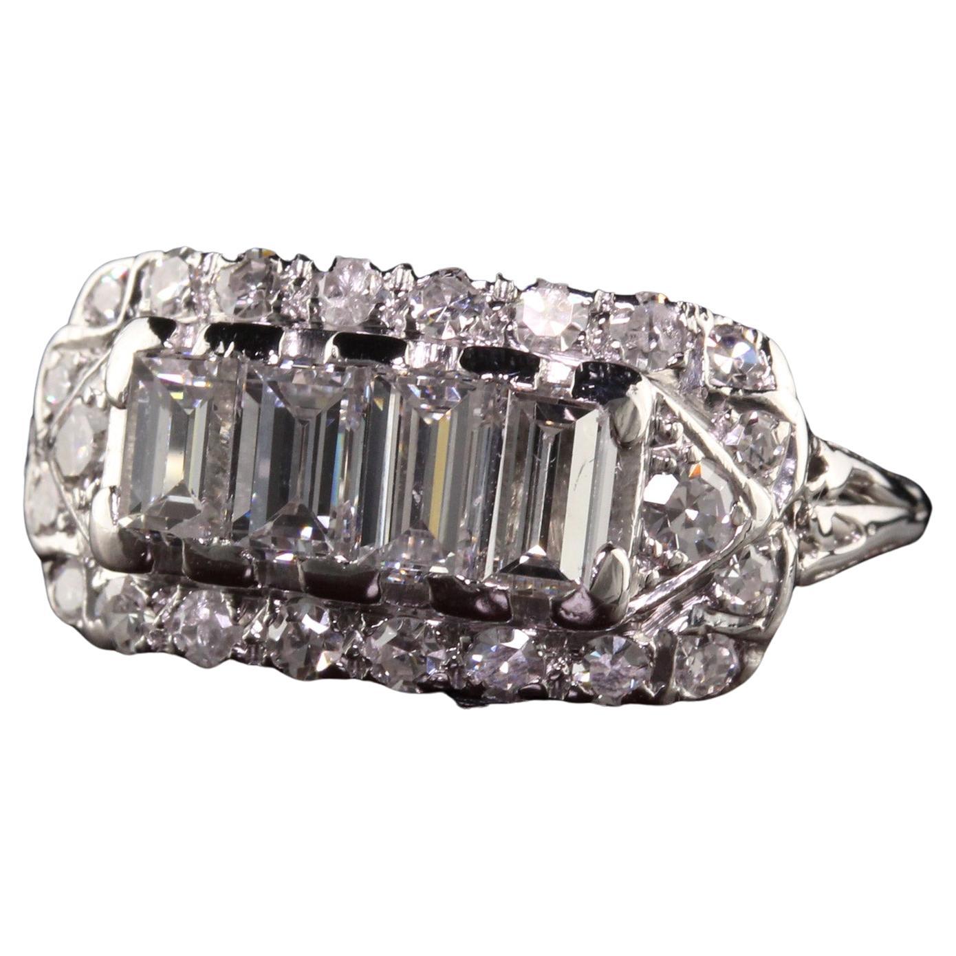 Antique Art Deco 18K White Gold Old Cut Diamond Baguette Ring For Sale