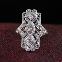 Antique Art Deco 18K White Gold Old Cut Diamond Filigree Shield Ring