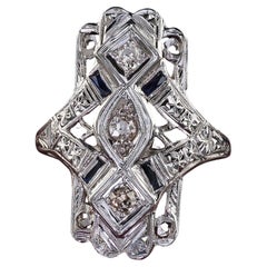Antique Art Deco 18K White Gold Old Cut Diamond Filigree Shield Ring