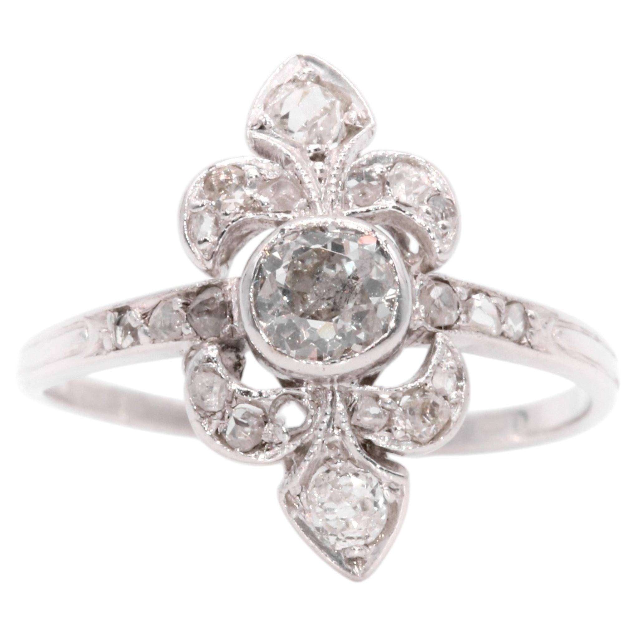 Antique Art Deco 18K White Gold Old Cut Diamond Fleur De Lys Panel Ring