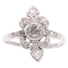 Antique Art Deco 18K White Gold Old Cut Diamond Fleur De Lys Panel Ring