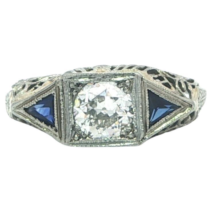 Antique Art Deco 18k White Gold Old Cut Diamond Trillion Sapphire Filigree Ring For Sale