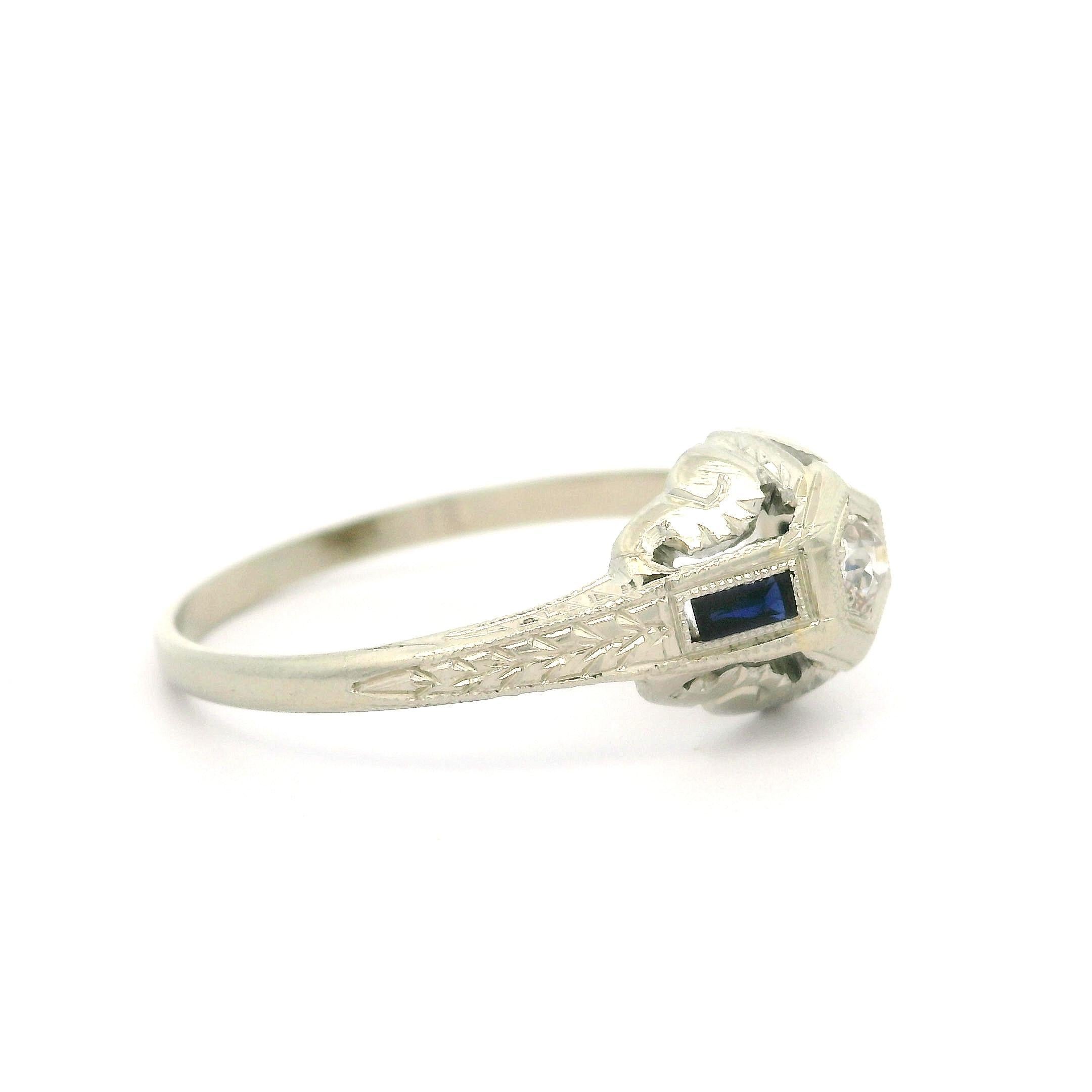 Antique Art Deco 18k White Gold Old Diamond & Sapphire Wheat Milgrain Work Ring For Sale 5