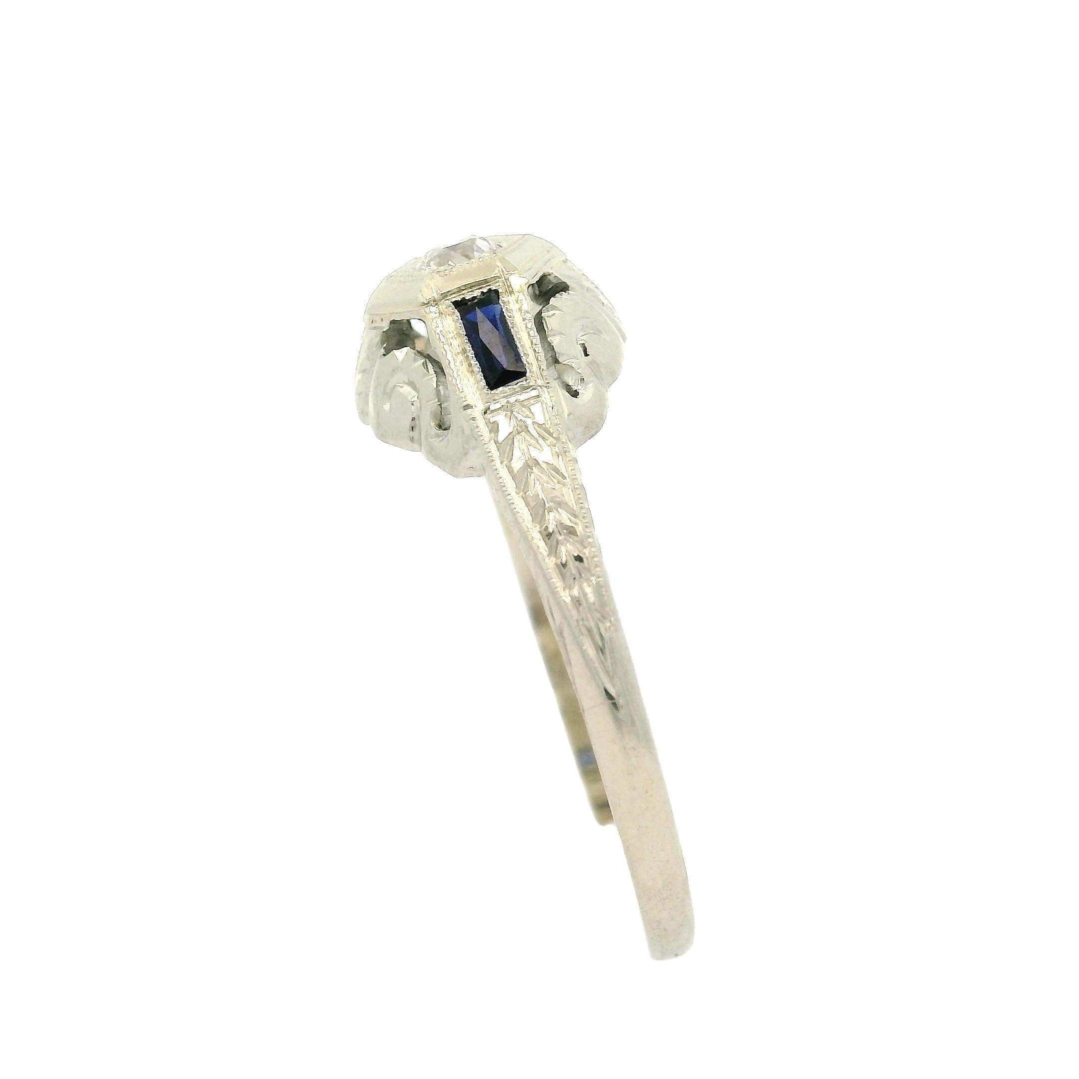 Women's Antique Art Deco 18k White Gold Old Diamond & Sapphire Wheat Milgrain Work Ring For Sale
