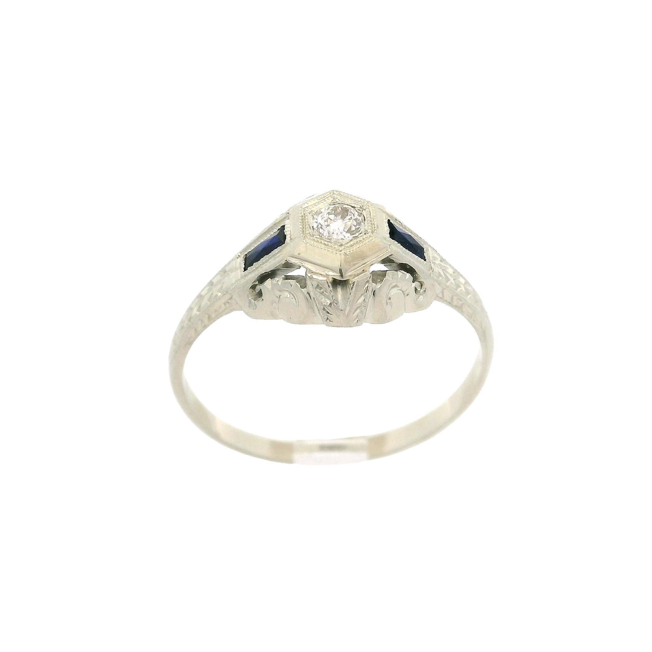 Antique Art Deco 18k White Gold Old Diamond & Sapphire Wheat Milgrain Work Ring For Sale 2