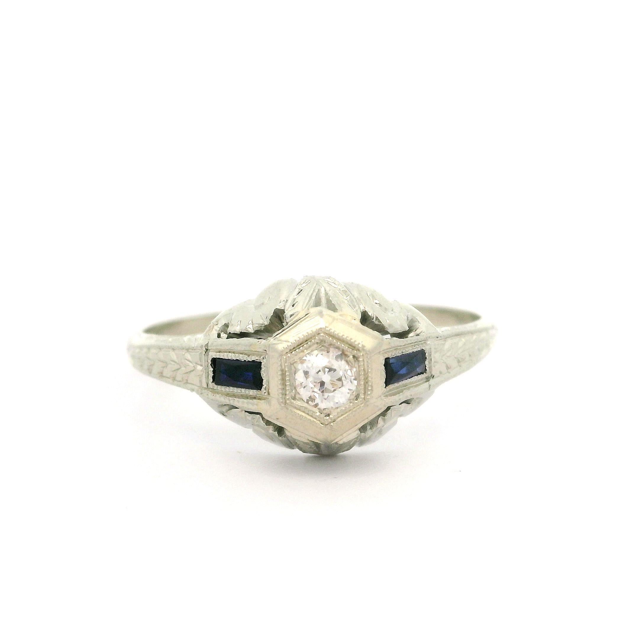 Antique Art Deco 18k White Gold Old Diamond & Sapphire Wheat Milgrain Work Ring For Sale 3