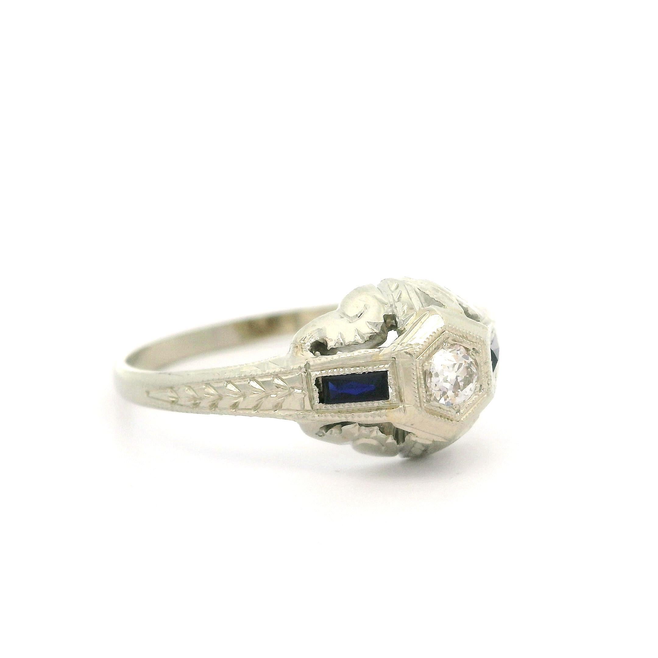 Antique Art Deco 18k White Gold Old Diamond & Sapphire Wheat Milgrain Work Ring For Sale 4