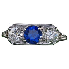 Antique Art Deco 18K White Gold Old Euro Diamond Sapphire Three Stone Ring - GIA