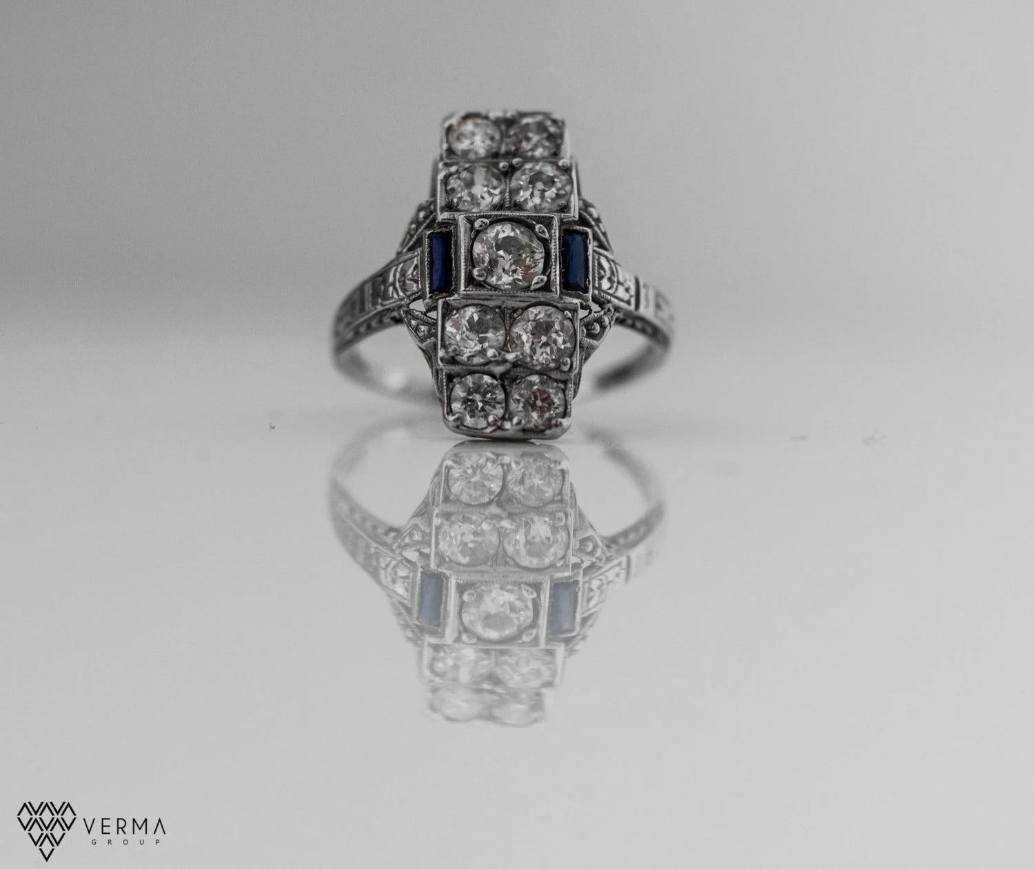 Women's or Men's Antique Art Deco 18K White Gold Old European Cut Diamond & Sapphire Engagement R For Sale