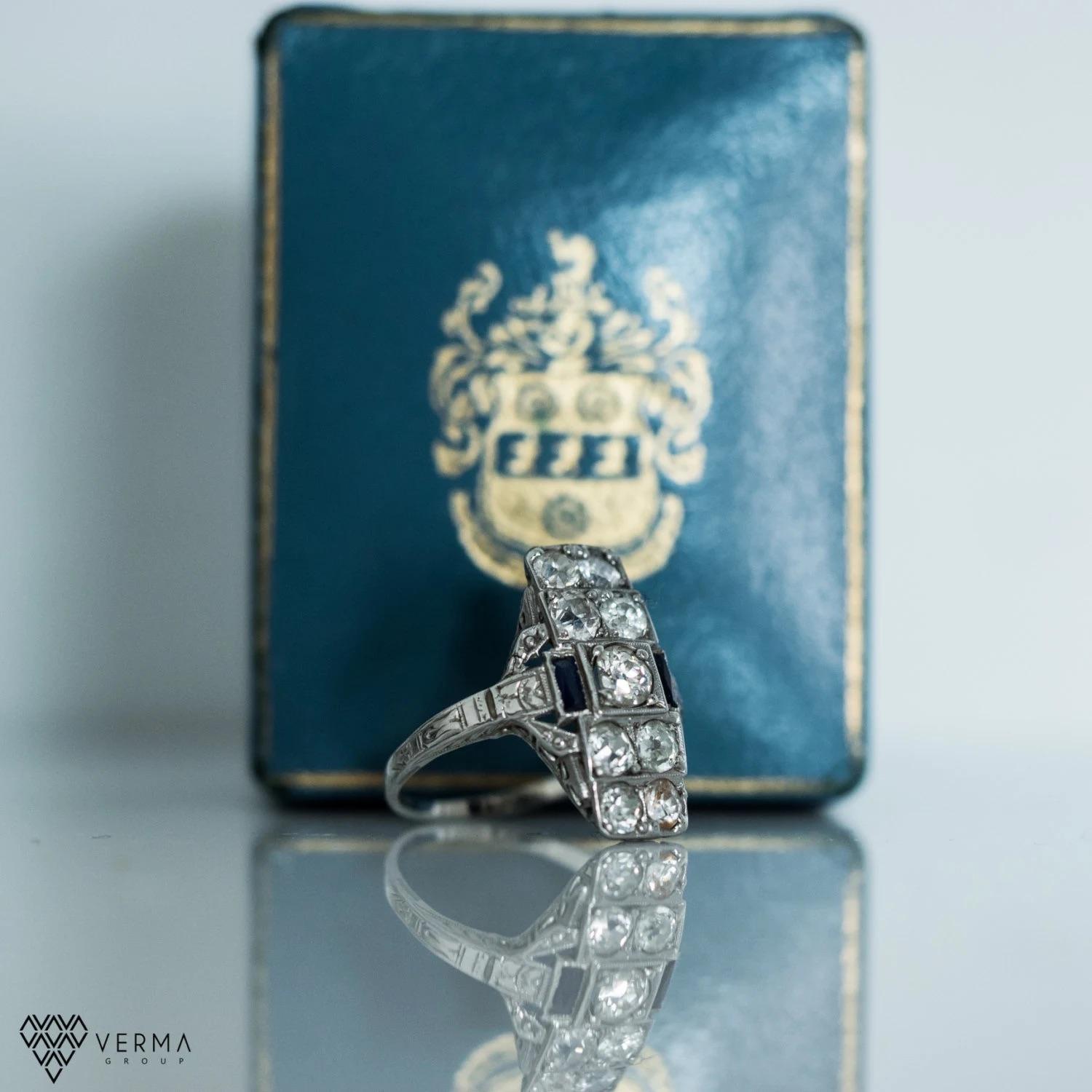 Antique Art Deco 18K White Gold Old European Cut Diamond & Sapphire Engagement R For Sale 1