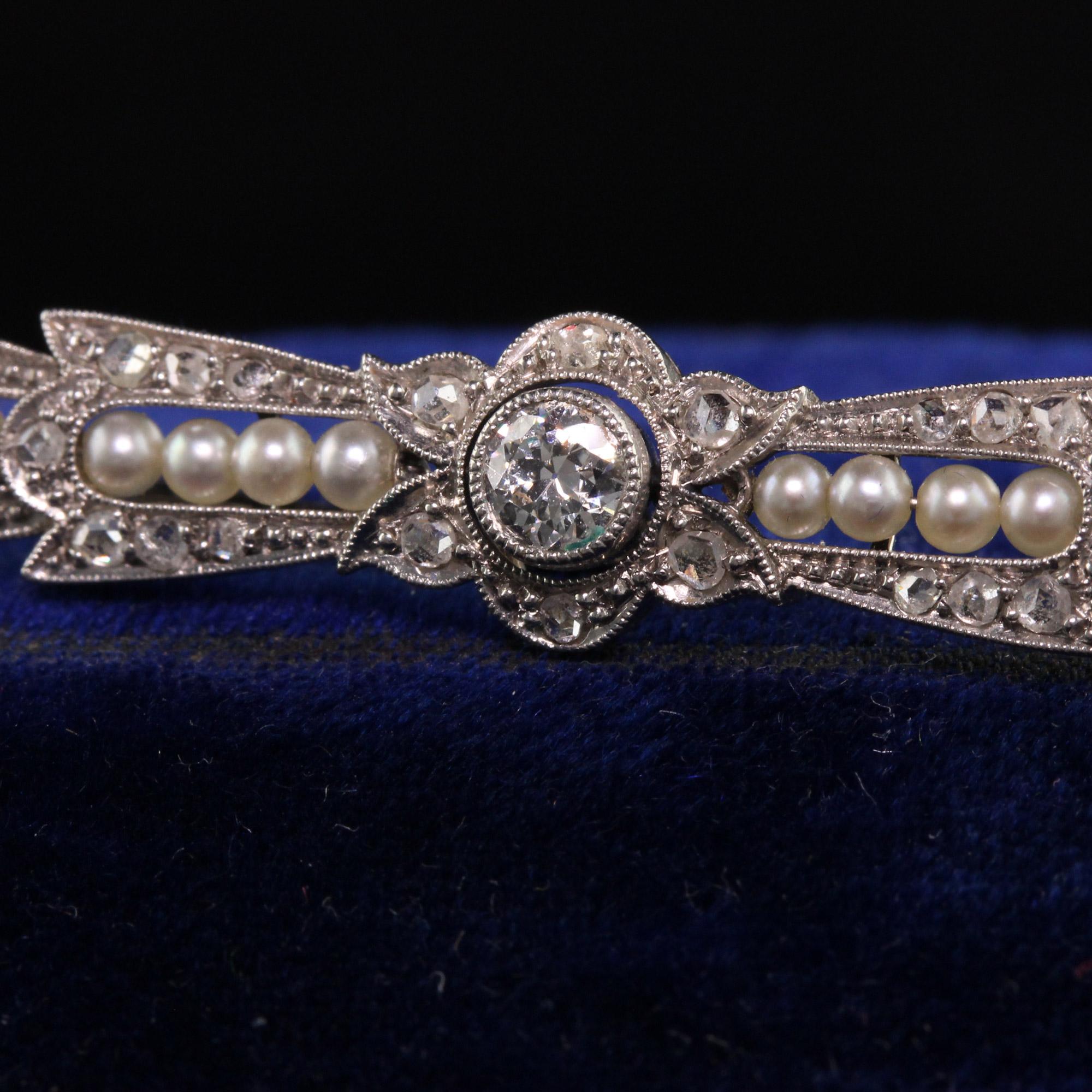 Women's or Men's Antique Art Deco 18K White Gold Old European Diamond Rose Cut Pearl Pin For Sale