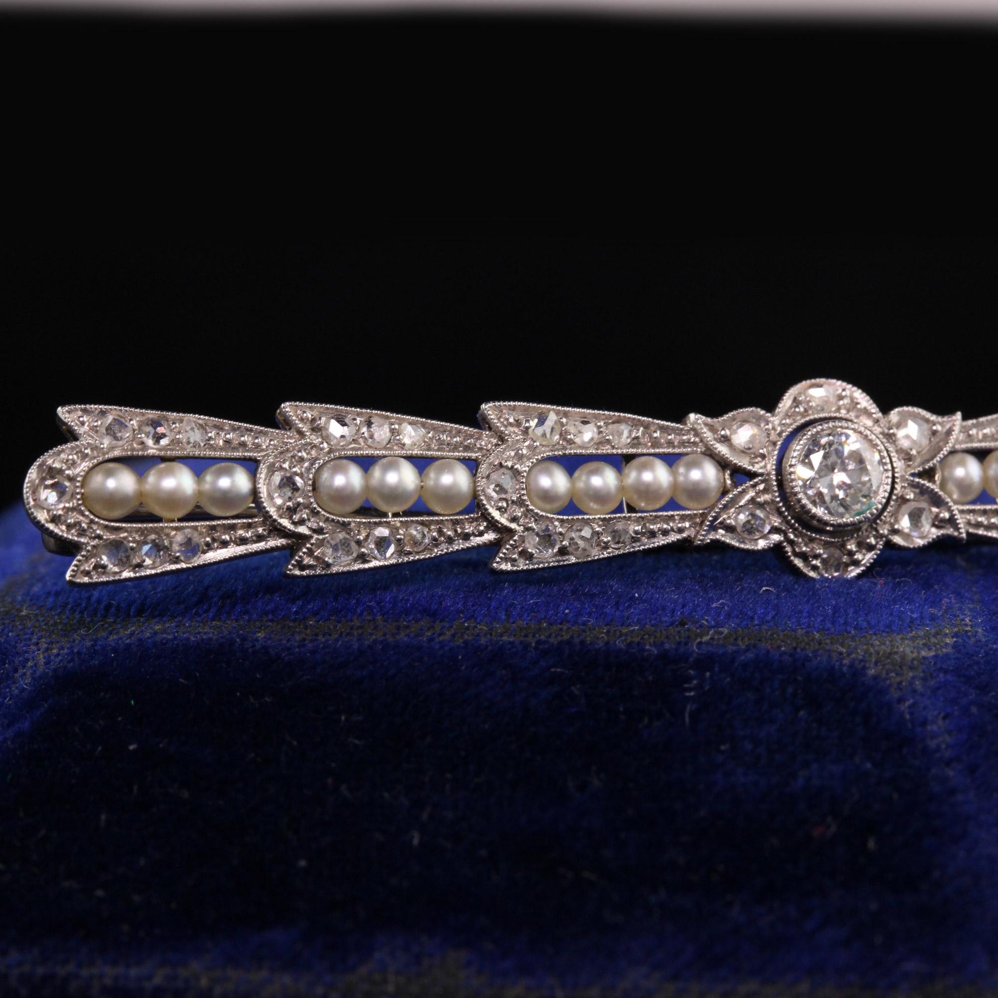 Antique Art Deco 18K White Gold Old European Diamond Rose Cut Pearl Pin For Sale 1