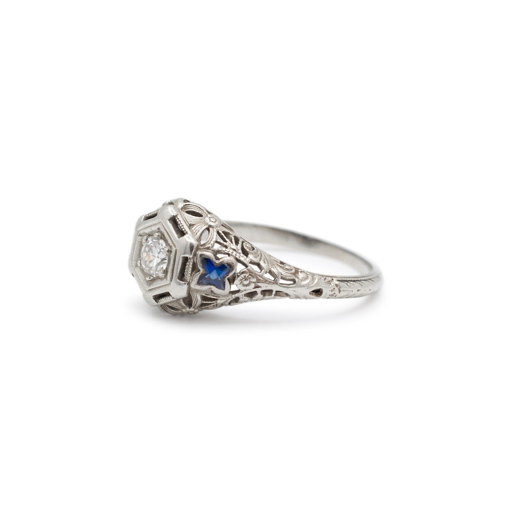 Anillo de Compromiso Antiguo Art Decó 18K Oro Blanco Antiguo Europeo Zafiro Diamante Corte europeo antiguo