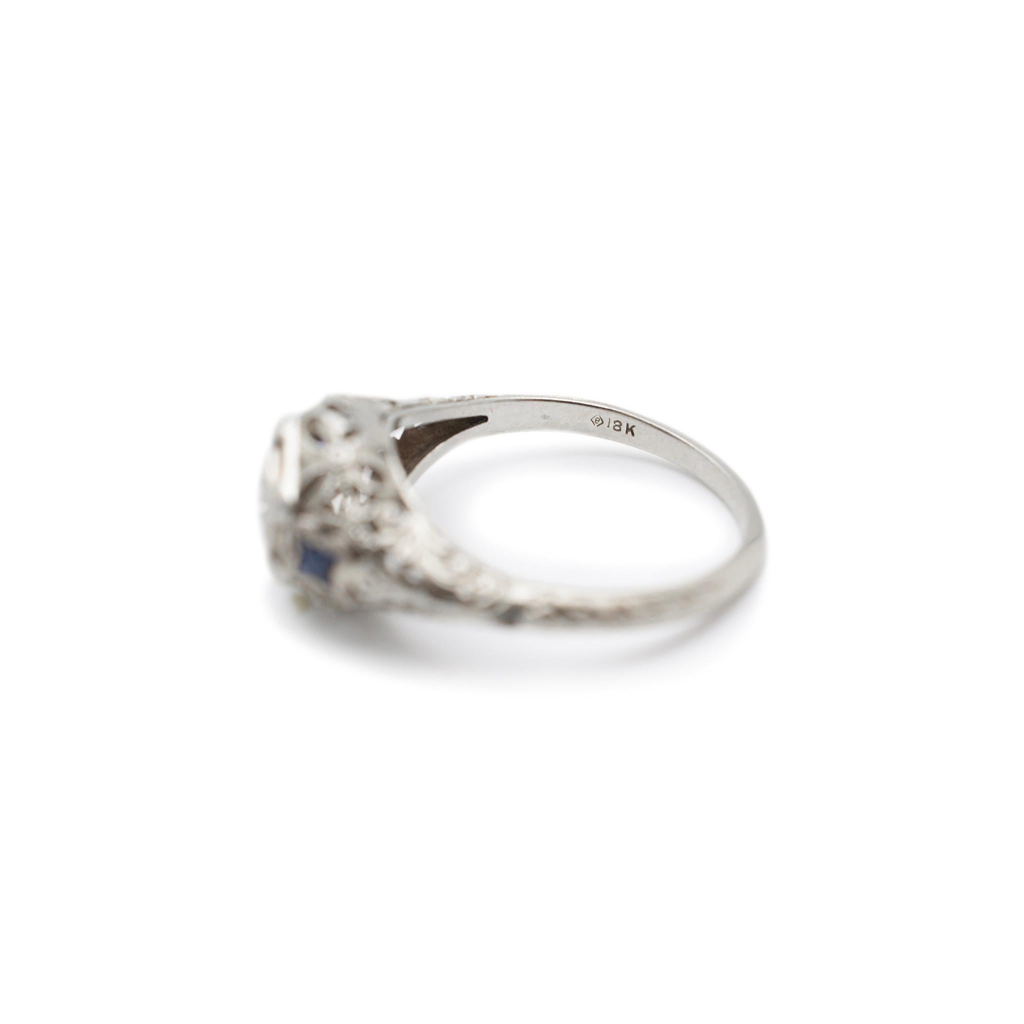 Anillo de Compromiso Antiguo Art Decó 18K Oro Blanco Antiguo Europeo Zafiro Diamante 1