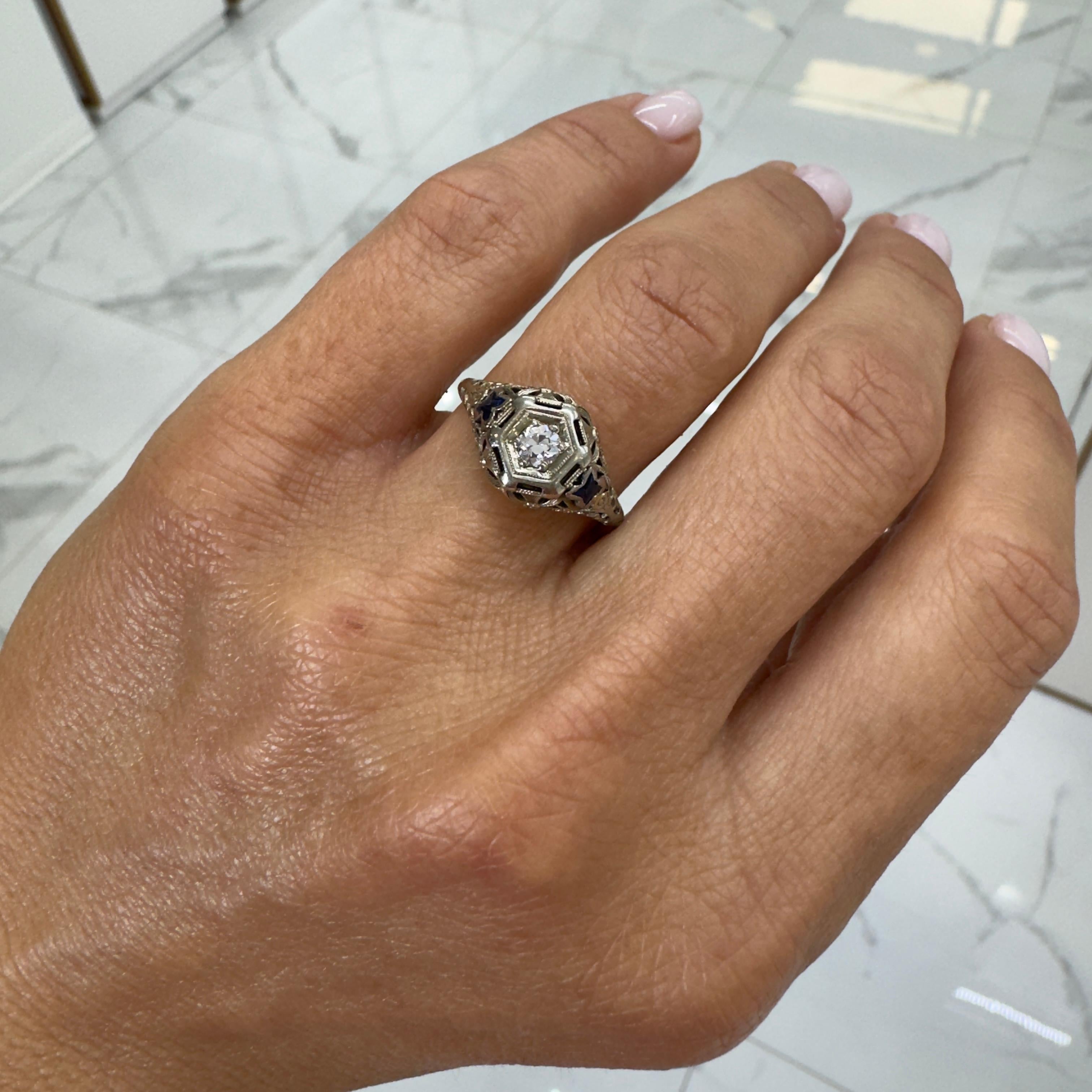 Anillo de Compromiso Antiguo Art Decó 18K Oro Blanco Antiguo Europeo Zafiro Diamante 2