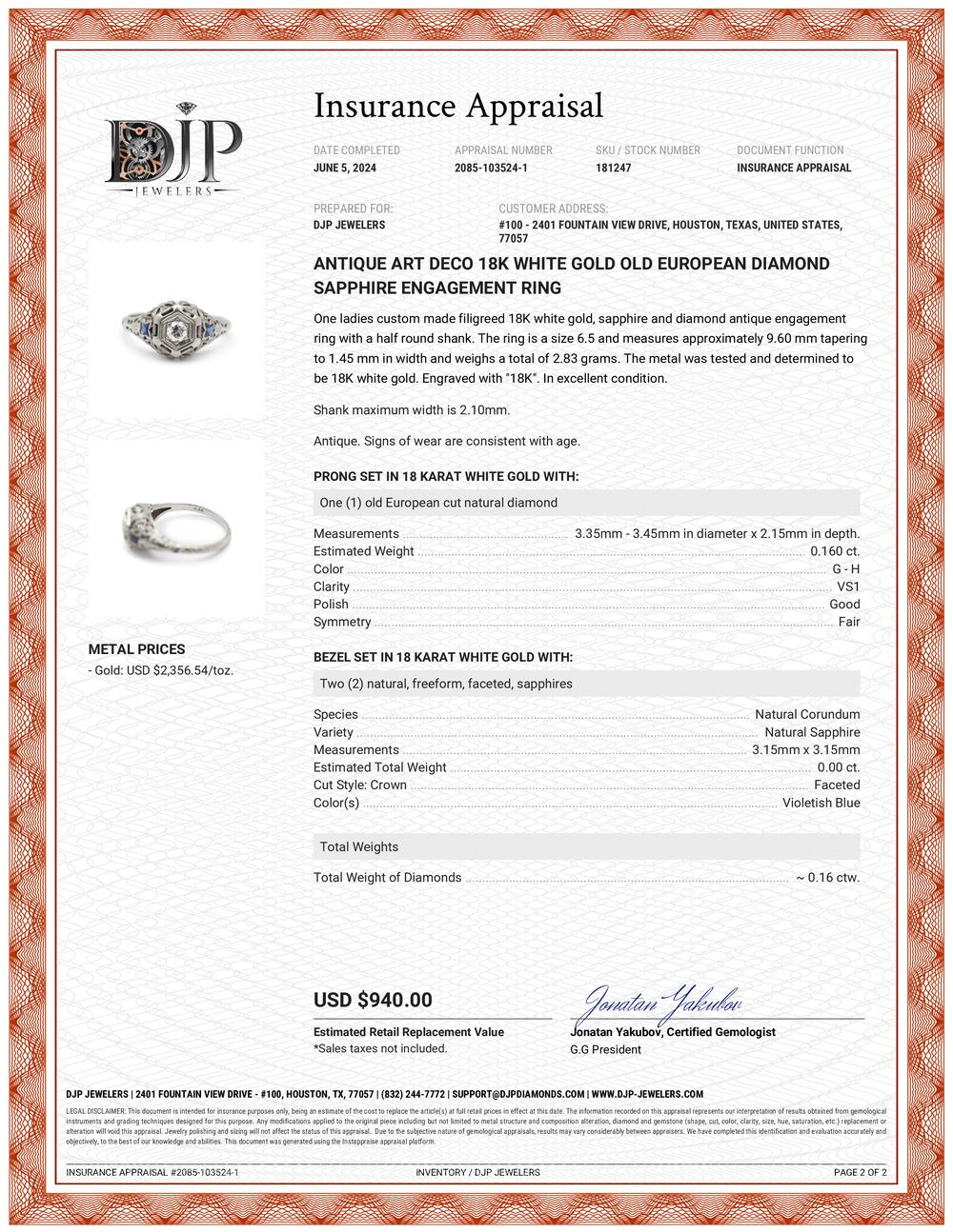 Anillo de Compromiso Antiguo Art Decó 18K Oro Blanco Antiguo Europeo Zafiro Diamante 3