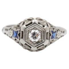 Antique Art Deco 18K White Gold Old European Diamond Sapphire Engagement Ring