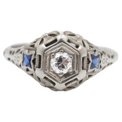 Anillo de Compromiso Antiguo Art Decó 18K Oro Blanco Antiguo Europeo Zafiro Diamante