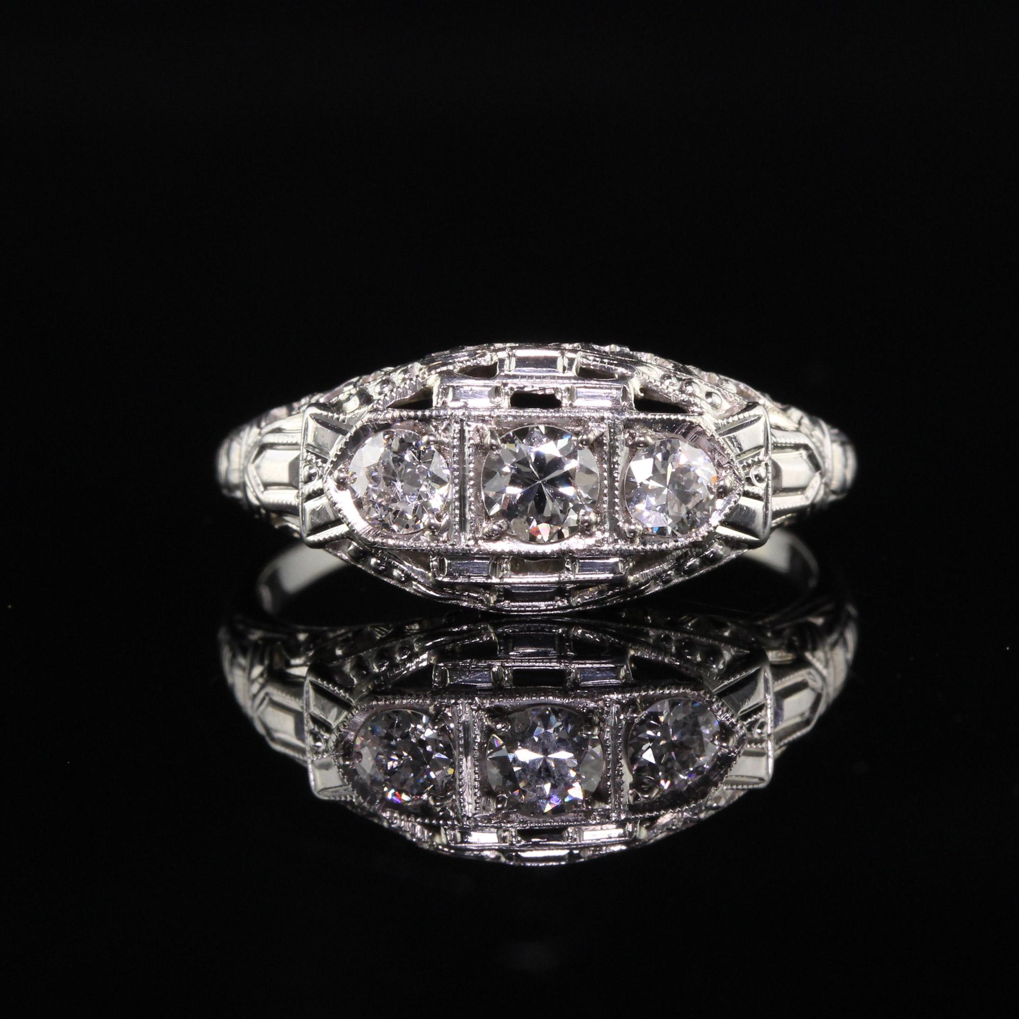 Antique Art Deco 18K White Gold Old European Diamond Three Stone Ring In Good Condition In Great Neck, NY