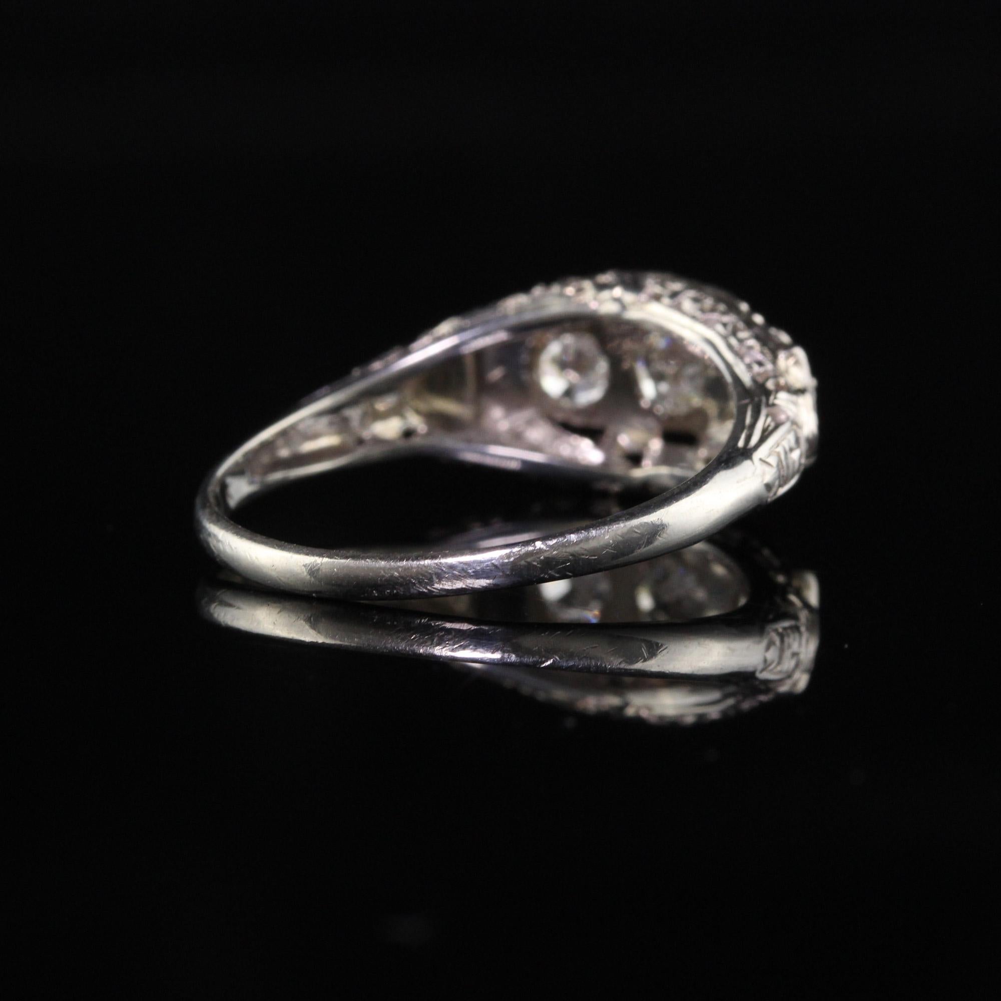 Women's Antique Art Deco 18K White Gold Old European Diamond Three Stone Ring
