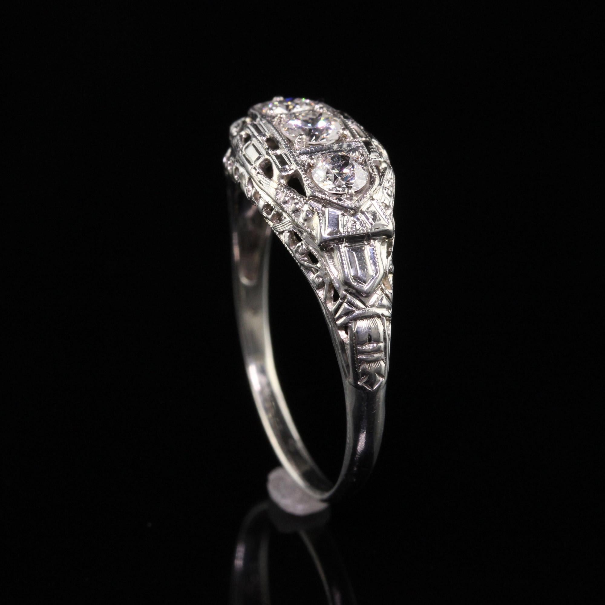 Antique Art Deco 18K White Gold Old European Diamond Three Stone Ring 1