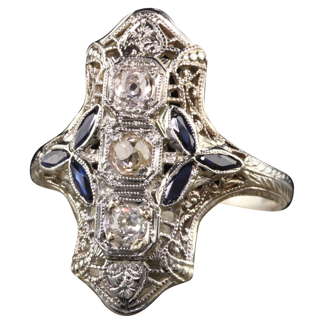 Antique Art Deco 18K White Gold Old Mine Cut Diamond and Sapphire Shield Ring