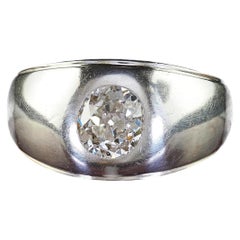 Antique Art Deco 18K White Gold Old Mine Diamond Wide Engagement Ring