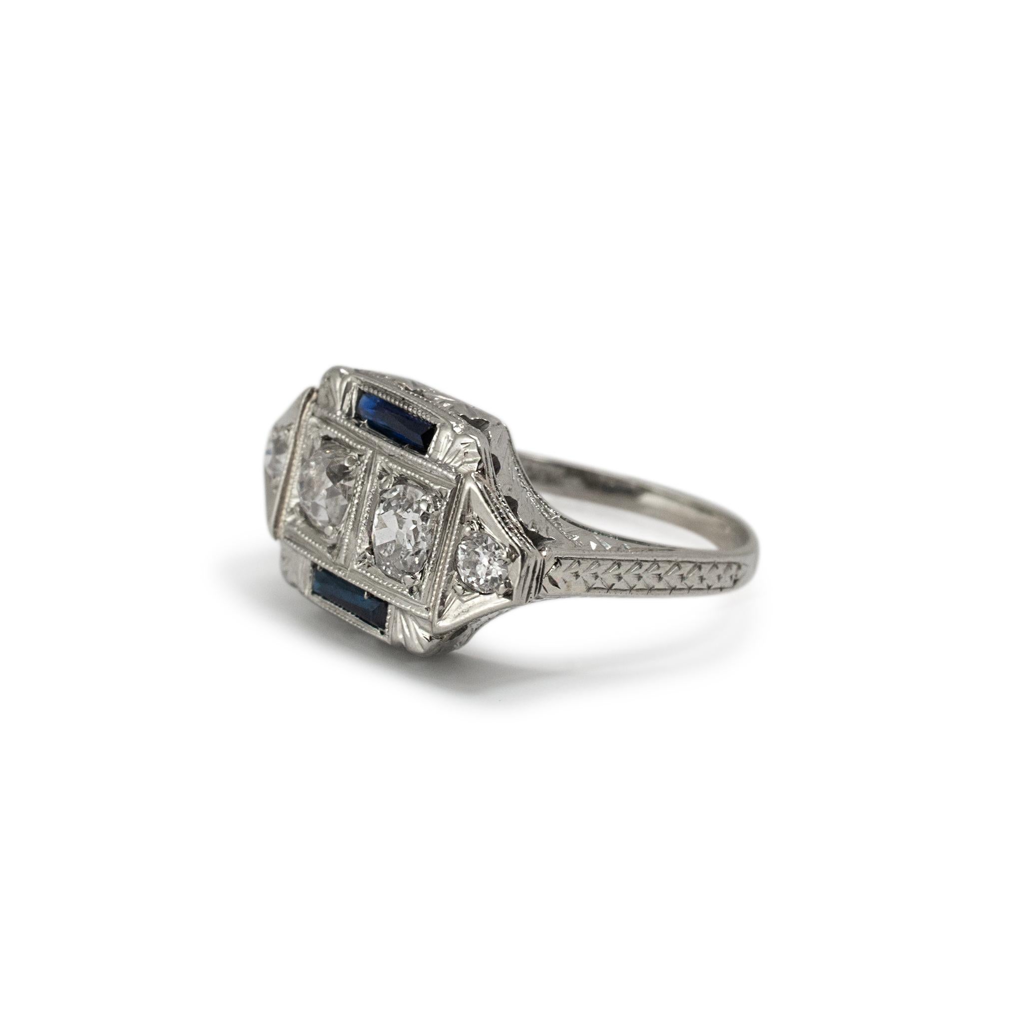 Taille vieille Europe Bague cocktail Old Miner en or blanc 18 carats, diamant double, saphir, ancienne Art Deco en vente