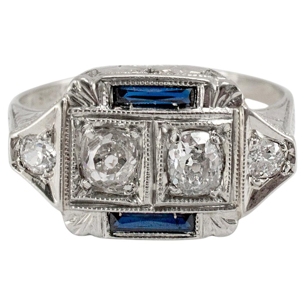 Bague cocktail Old Miner en or blanc 18 carats, diamant double, saphir, ancienne Art Deco en vente