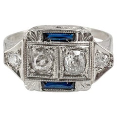 Antique Art Deco 18K White Gold Old Miner Twin Diamond Sapphire Cocktail Ring