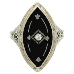 Antique Art Deco 18k White Gold Onyx & Diamond Center Filigree Dinner Ring