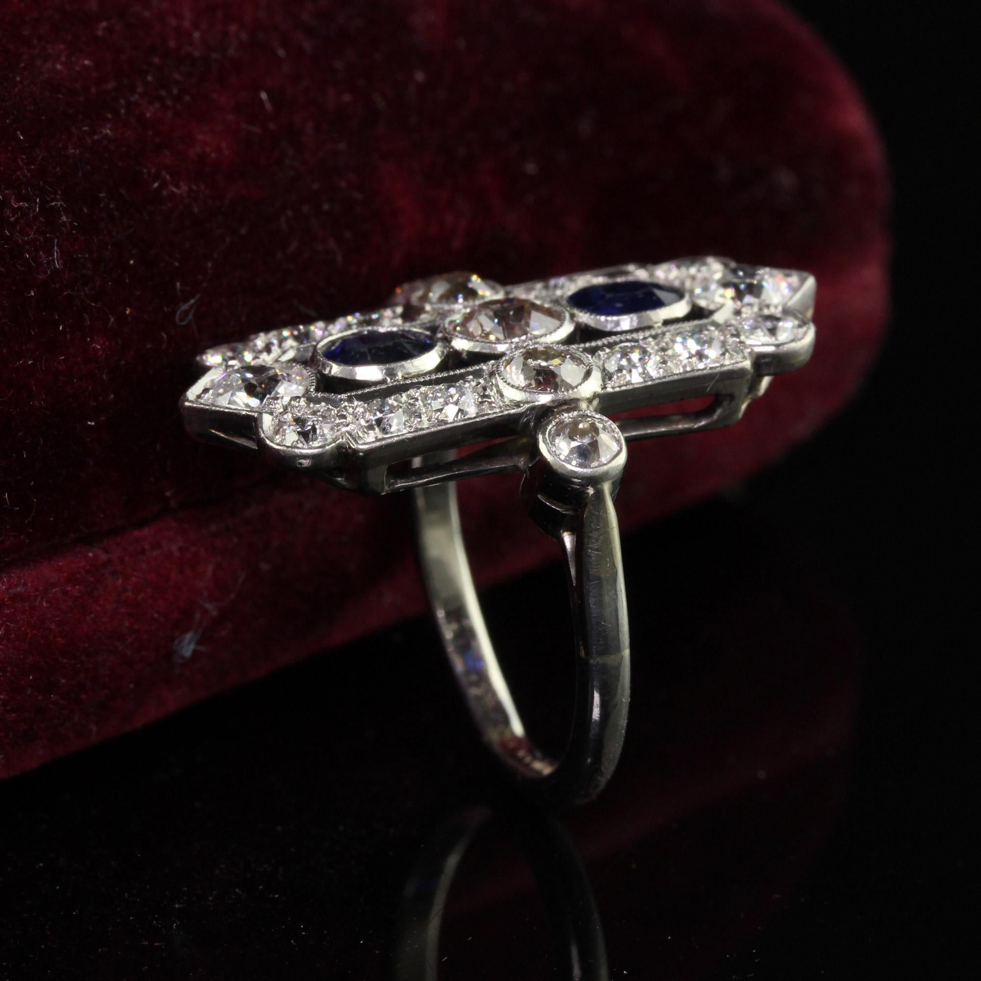 Old European Cut Antique Art Deco 18K White Gold Platinum Old Euro Diamond Sapphire Shield Ring For Sale