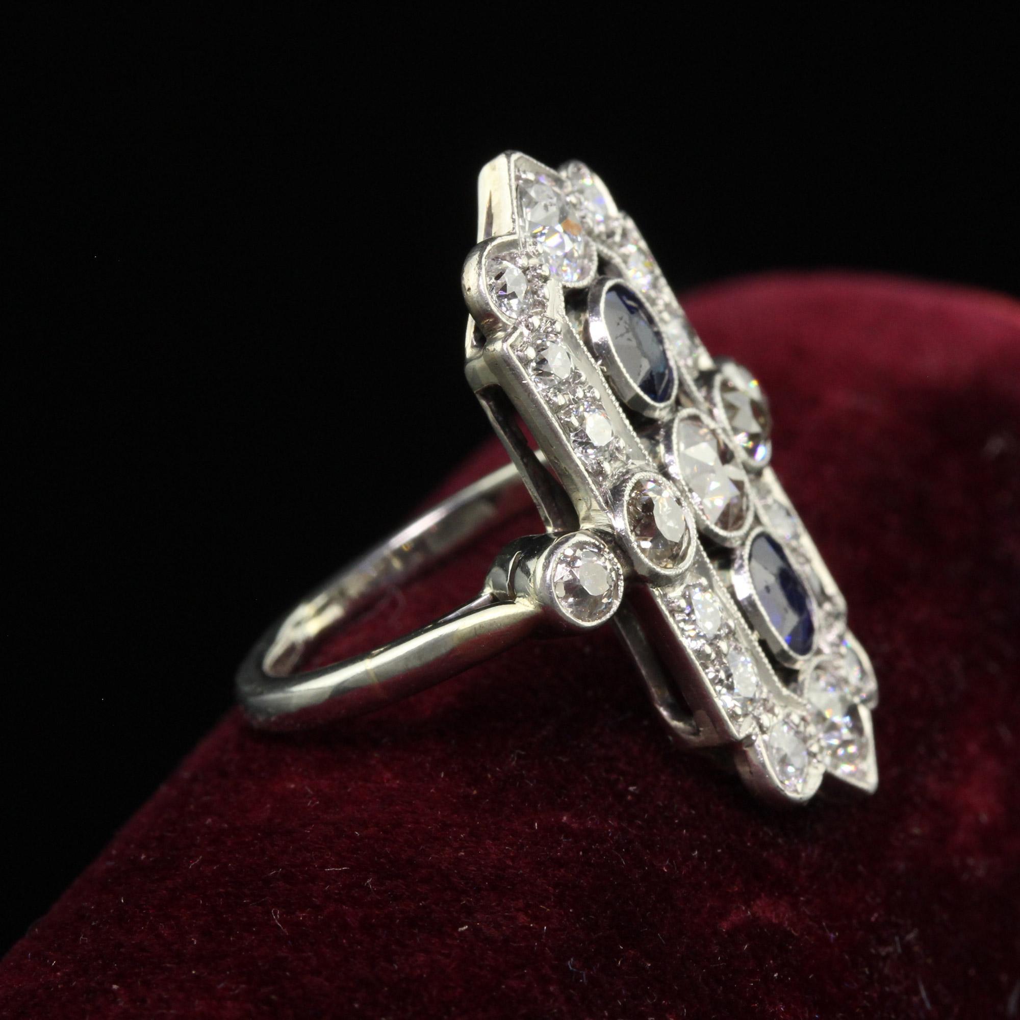 Antique Art Deco 18K White Gold Platinum Old Euro Diamond Sapphire Shield Ring In Good Condition For Sale In Great Neck, NY