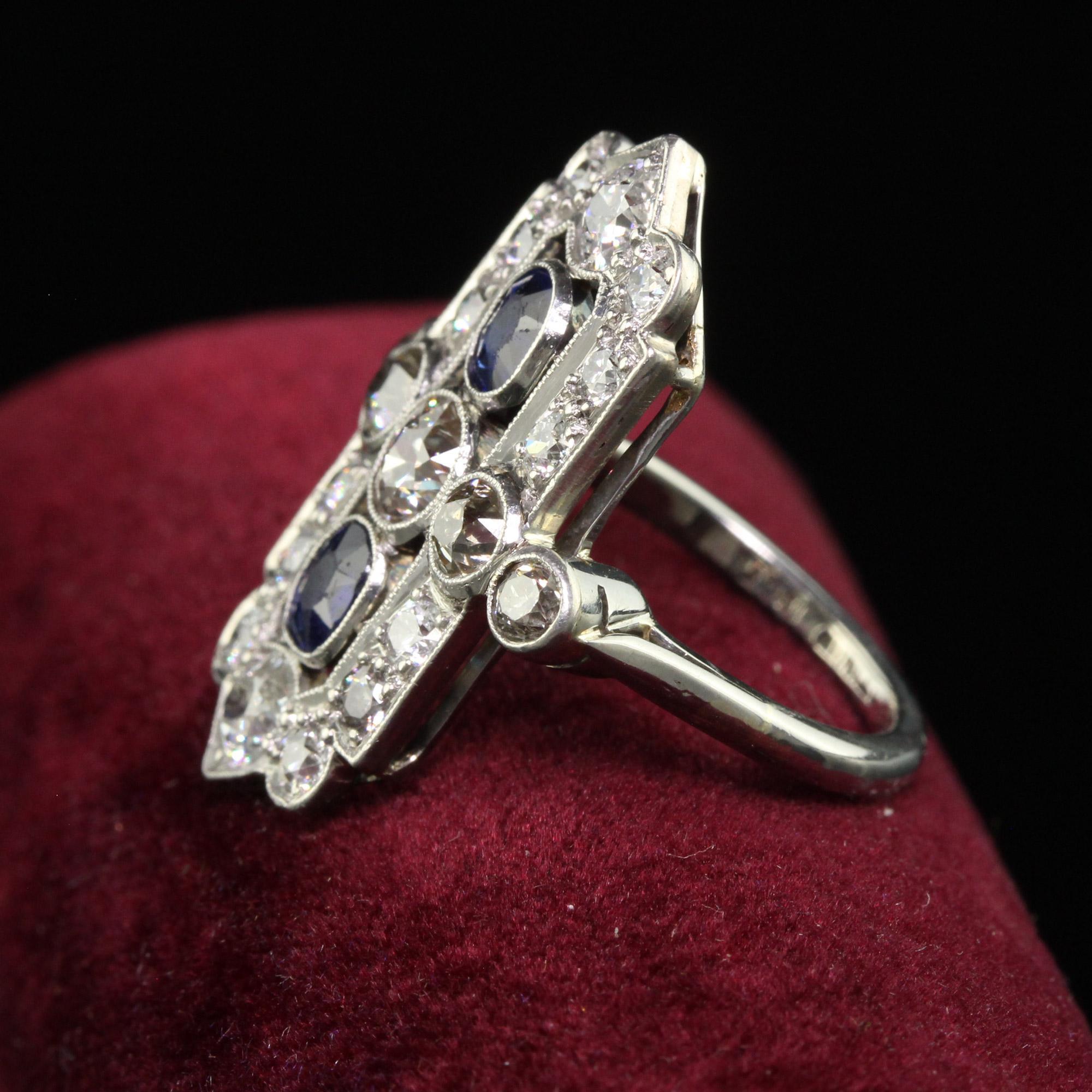 Women's Antique Art Deco 18K White Gold Platinum Old Euro Diamond Sapphire Shield Ring For Sale