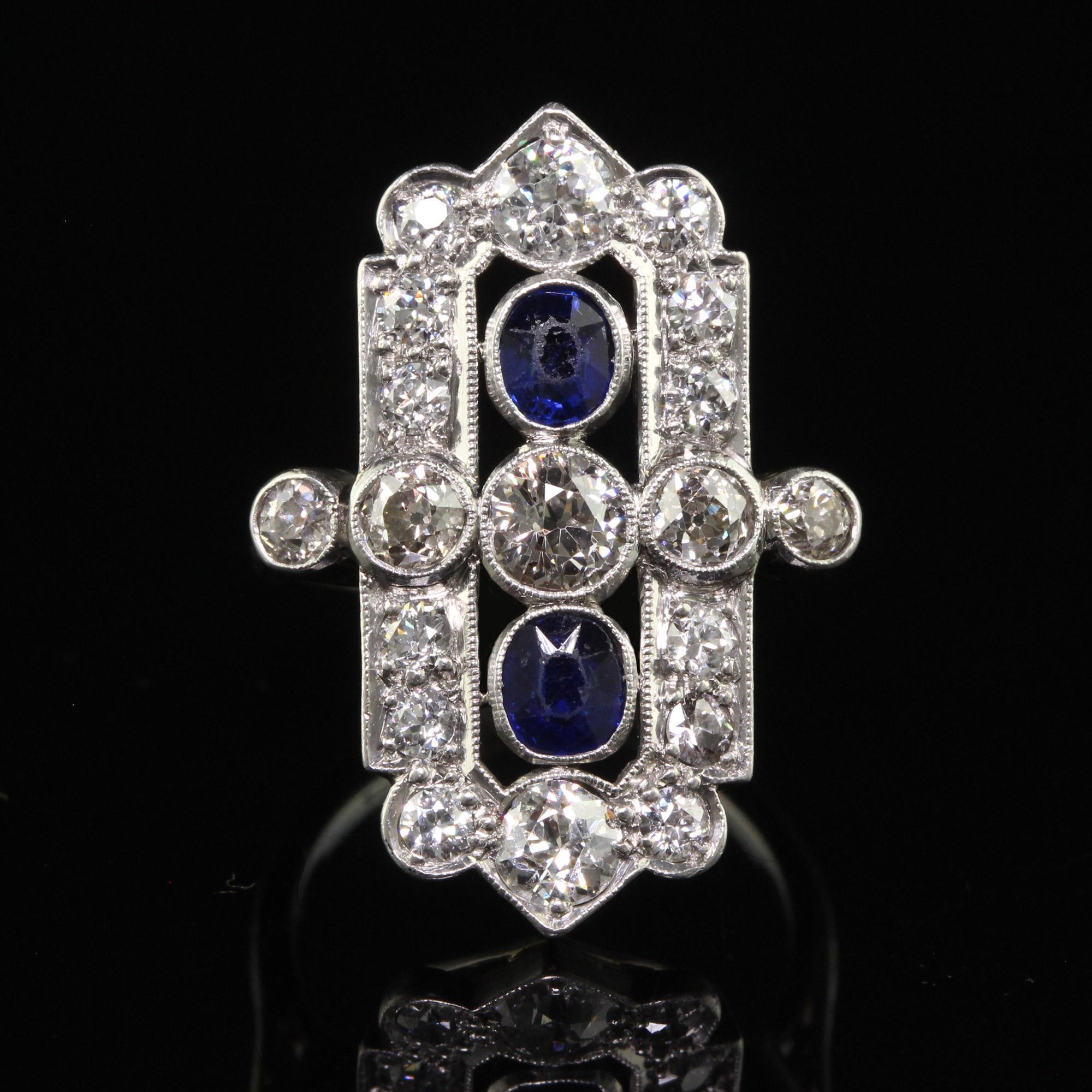 Antique Art Deco 18K White Gold Platinum Old Euro Diamond Sapphire Shield Ring For Sale 1