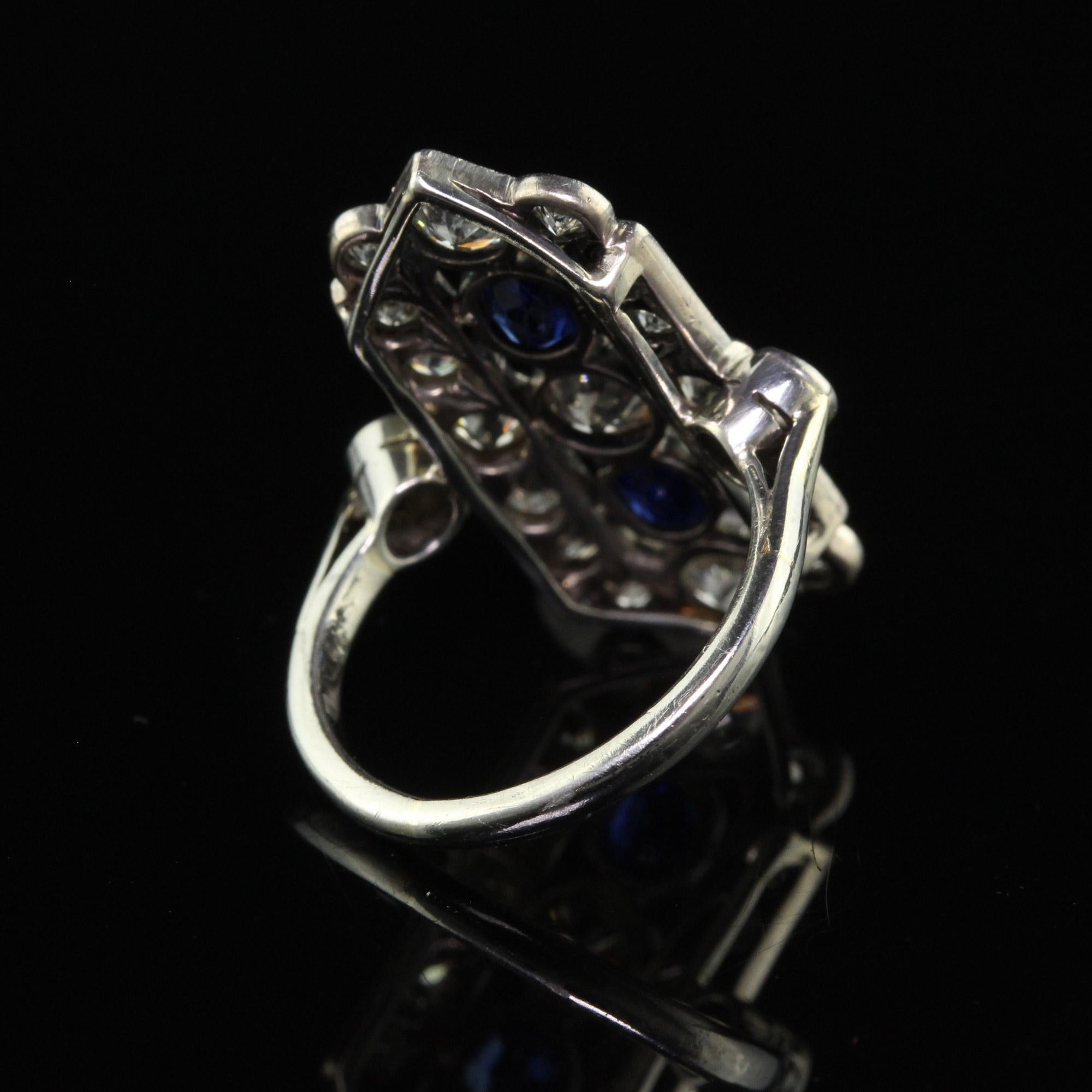 Antique Art Deco 18K White Gold Platinum Old Euro Diamond Sapphire Shield Ring For Sale 2