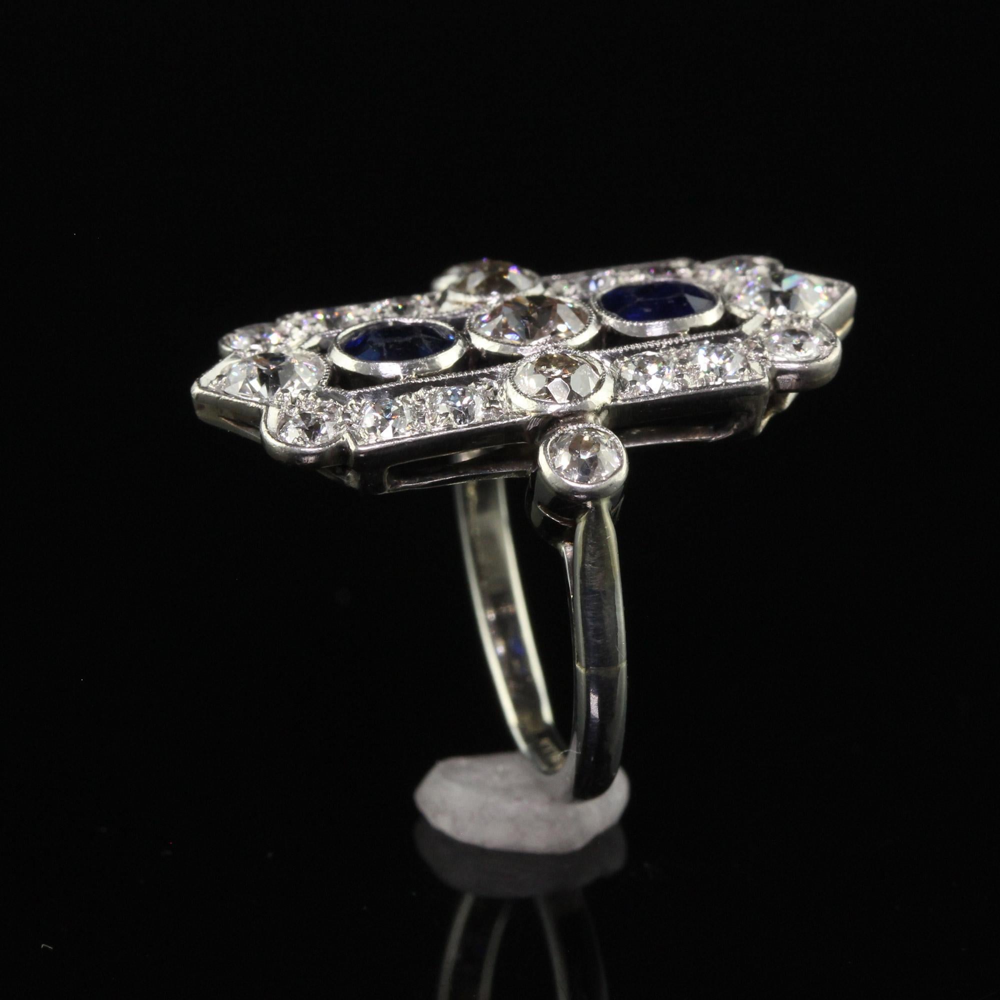 Antique Art Deco 18K White Gold Platinum Old Euro Diamond Sapphire Shield Ring For Sale 3